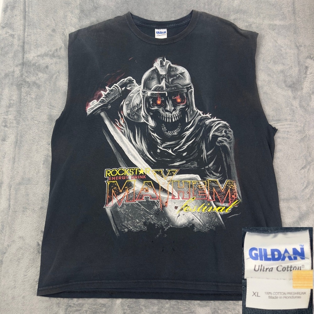 Vtg 2000s Rockstar Energy Drink Mayhem Festival Black Sleeveless T Shirt Mens XL